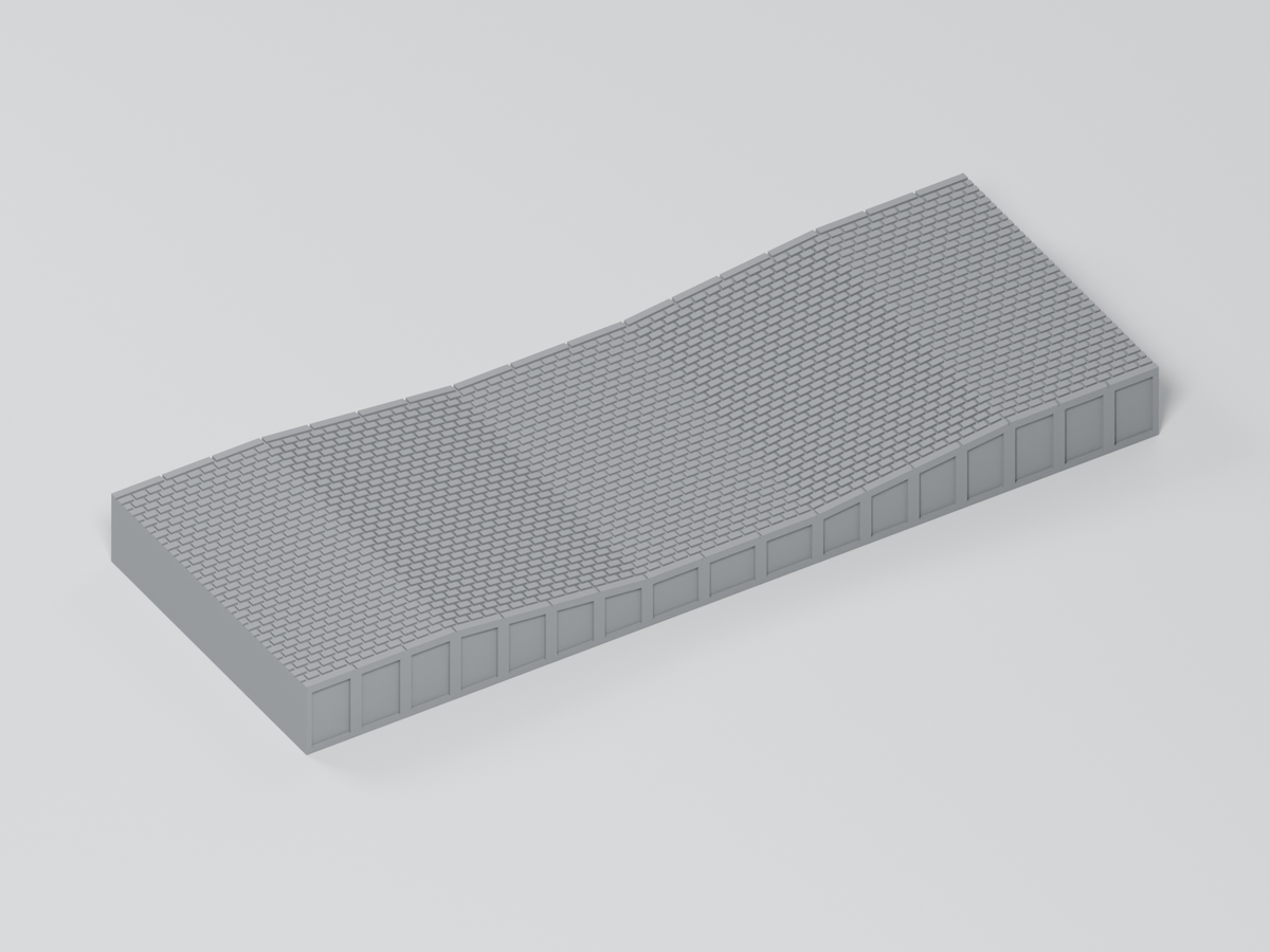 BIMM Bahnsteig TT Epoche 3–4 – Ausgleich 12,4–8,8–12,4 mm – 145 × 54 mm · Pflaster, graues PLA · Blender-Darstellung