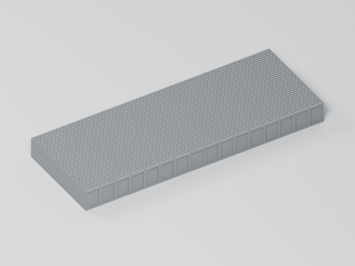 BIMM Bahnsteig TT Epoche 3–4 – Gerades Modul – 145 × 54 mm · Pflaster, graues PLA · Blender-Darstellung