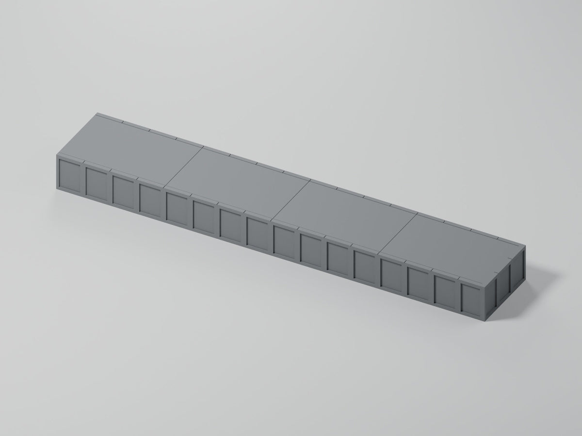 Bahnsteig H0 · Epoche III/IV · Endstück mit Stirnkante · 200 × 35 mm · beton · einfarbig graues PLA, unbemalt · Blender-Produktvisualisierung