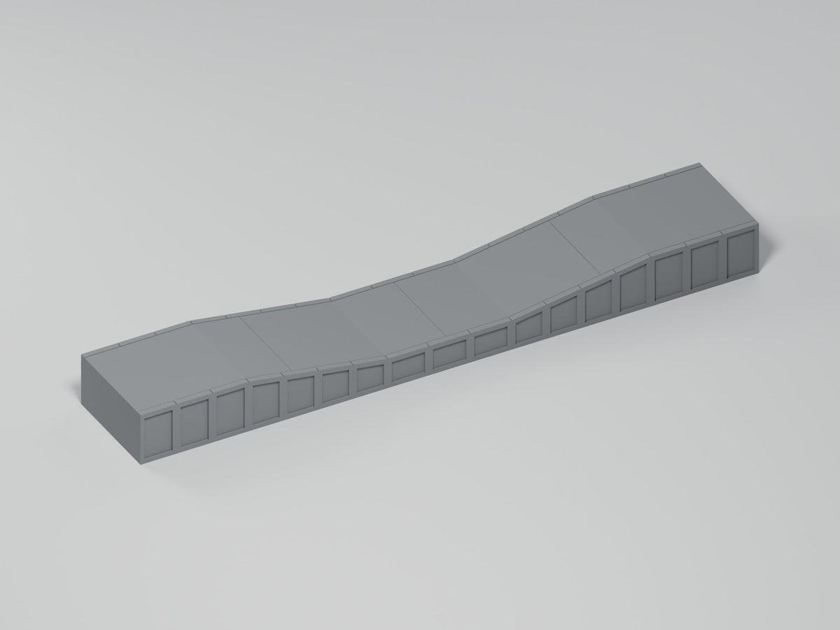 Bahnsteig H0 · Epoche III/IV · Ausgleichsstück 17–10–17 mm · 200 × 35 mm · beton · einfarbig graues PLA, unbemalt · Blender-Produktvisualisierung