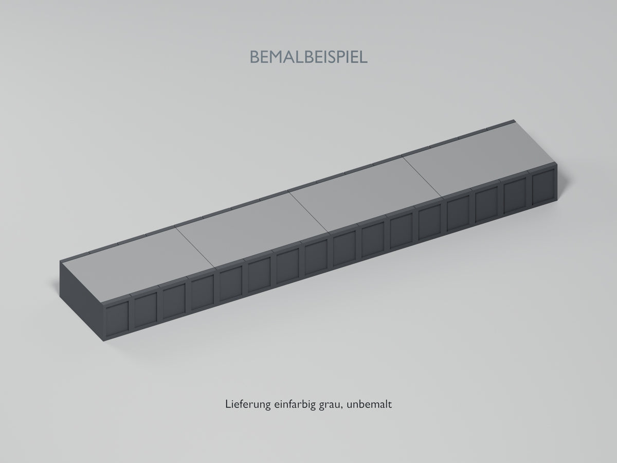 BEMALBEISPIEL: dunkle Bahnsteigkante und heller beton-Belag. Lieferung einfarbig grau, unbemalt. Blender-Visualisierung.