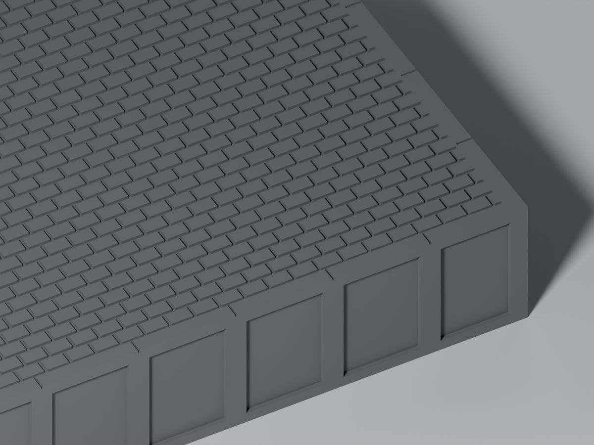 Detailansicht: Bahnsteig H0 · Epoche III/IV · Endstück mit Stirnkante · 200 × 65 mm · Pflasterfugen und Bahnsteigkante. Einfarbig grau, unbemalt. Visualisierung.