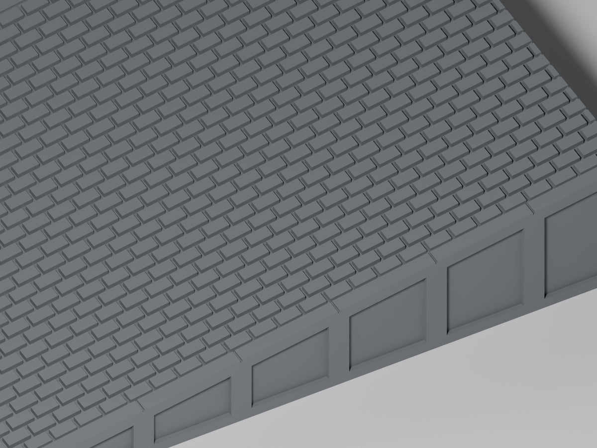 Detailansicht: Bahnsteig H0 · Epoche III/IV · Kurze Endrampe · 100 × 65 mm · Pflasterfugen und Bahnsteigkante. Einfarbig grau, unbemalt. Visualisierung.