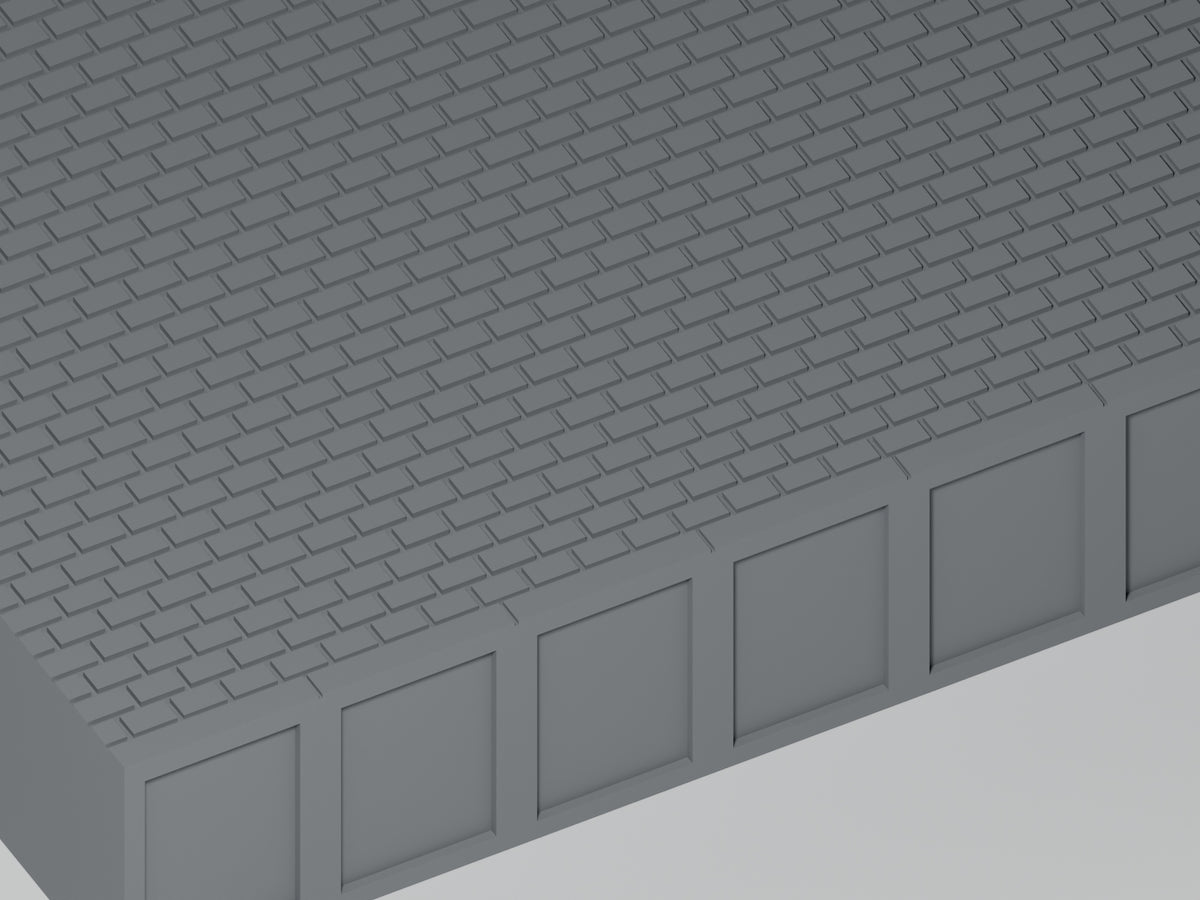 Detailansicht: Bahnsteig H0 · Epoche III/IV · Gerades Zwischenstück · 100 × 65 mm · Pflasterfugen und Bahnsteigkante. Einfarbig grau, unbemalt. Visualisierung.
