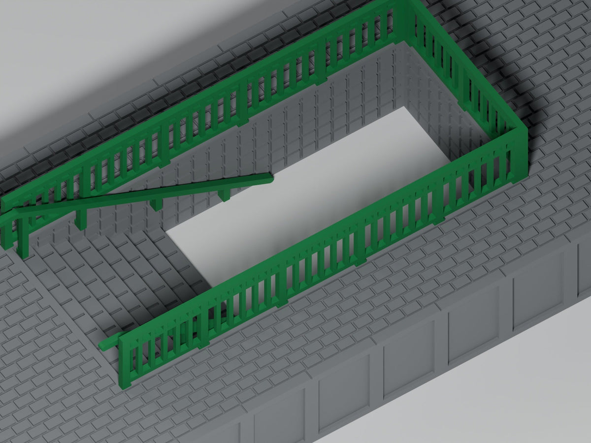 Bahnsteig H0 · Epoche III/IV · Treppenmodul mit Geländer · 200 × 65 mm · Detailansicht · grauer Bahnsteig mit grünem Geländer und grünen Handläufen, PLA, unbemalt. Visualisierung.