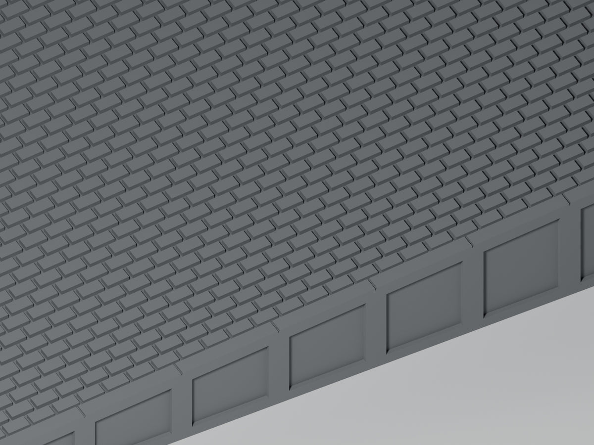 Detailansicht: Bahnsteig H0 · Epoche III/IV · Endrampe · 200 × 75 mm · Pflasterfugen und Bahnsteigkante. Einfarbig grau, unbemalt. Visualisierung.