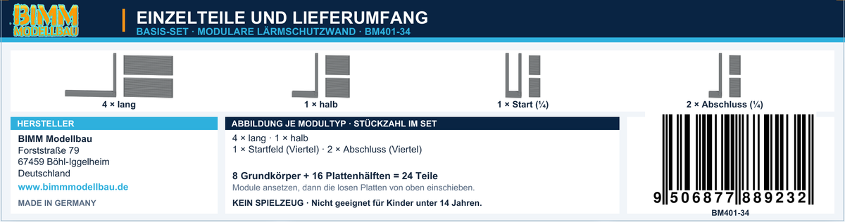 Basis-Set: Stückliste und Einzelteile des Bausatzes.