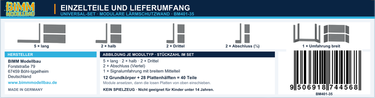 Universal-Set: Stückliste und Einzelteile des Bausatzes.