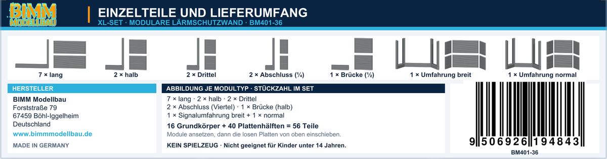 XL-Set: Stückliste und Einzelteile des Bausatzes.