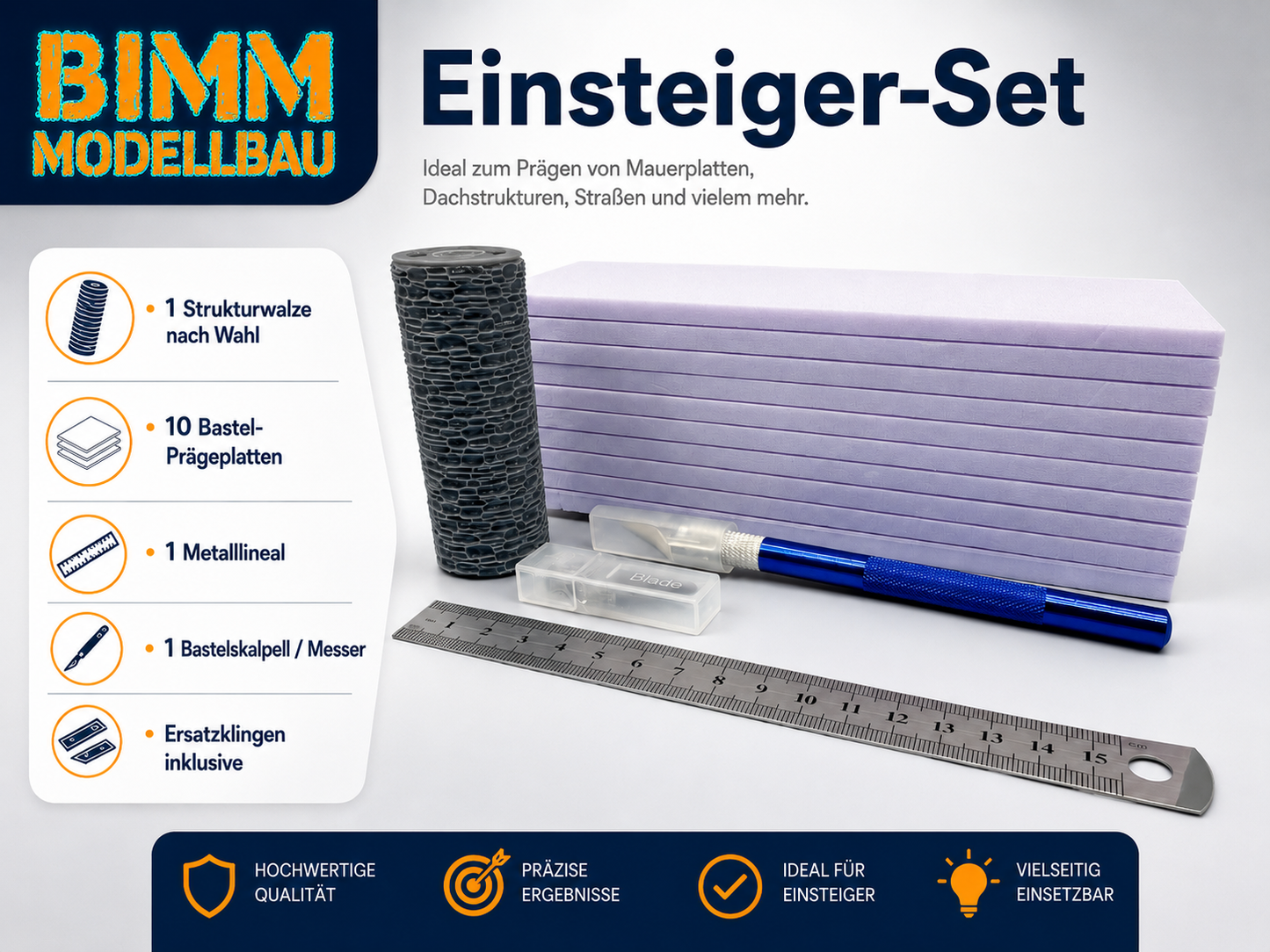 Einsteiger-Set mit Strukturwalze nach Wahl, 10 Bastel-Prägeplatten, Metalllineal, Bastelskalpell, Messer und Ersatzklingen