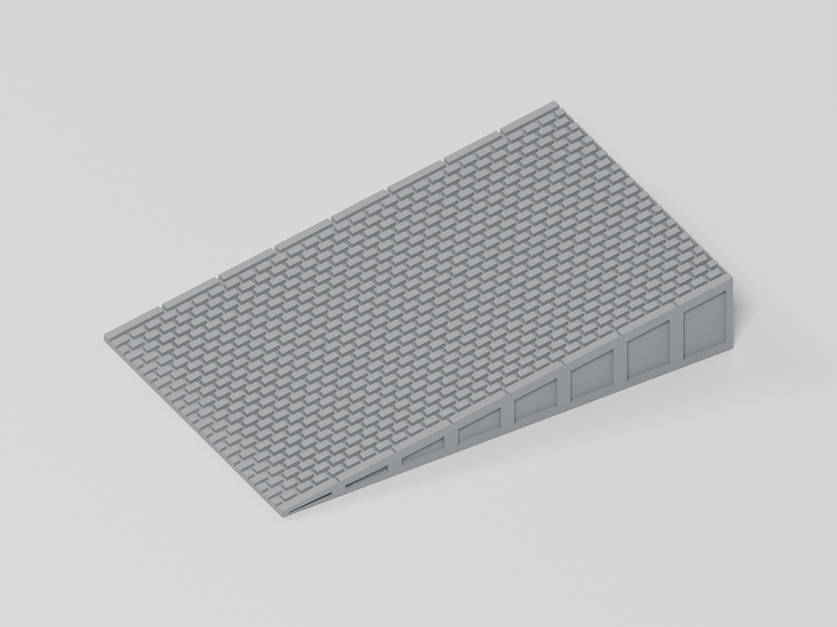 BIMM Bahnsteig N Epoche 3–4 – Endrampe kurz – 54,375 × 35 mm · Pflaster, graues PLA · Blender-Darstellung