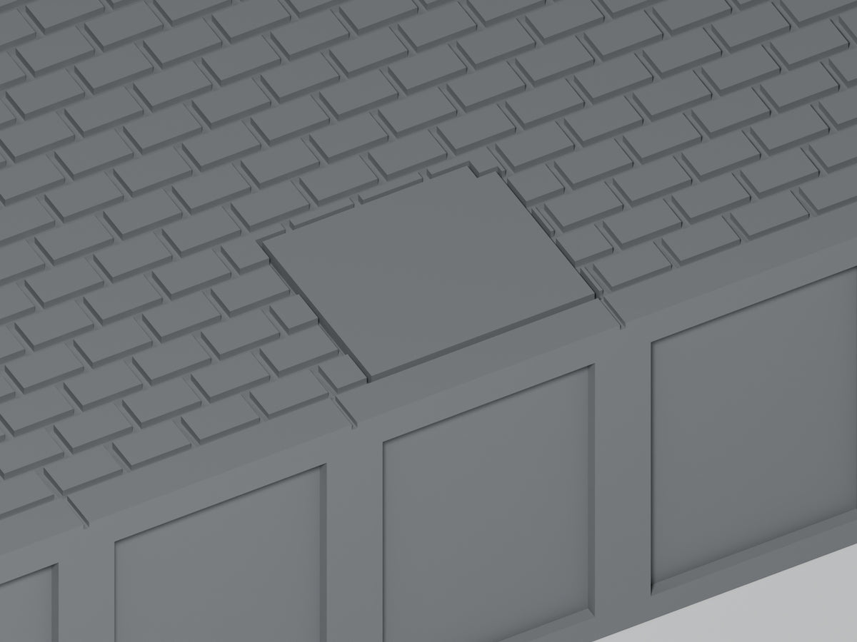 Bahnsteig H0 · Epoche III/IV · Gerades Modul mit Betonflicken · 200 × 35 mm · Nahaufnahme der Betonreparatur und Bahnsteigkante · graues PLA, unbemalt