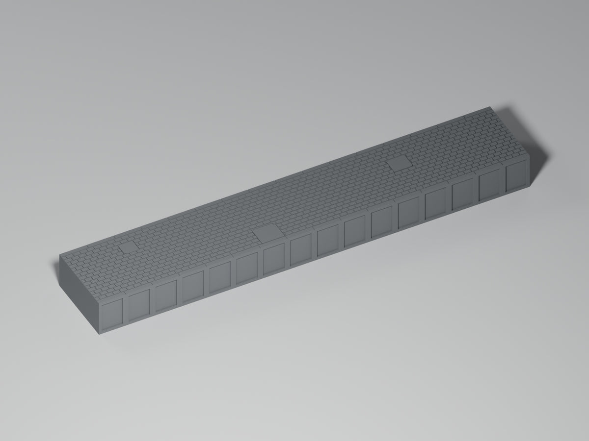 Bahnsteig H0 · Epoche III/IV · Gerades Modul mit Betonflicken · 200 × 35 mm · Gesamtansicht · graues PLA, unbemalt
