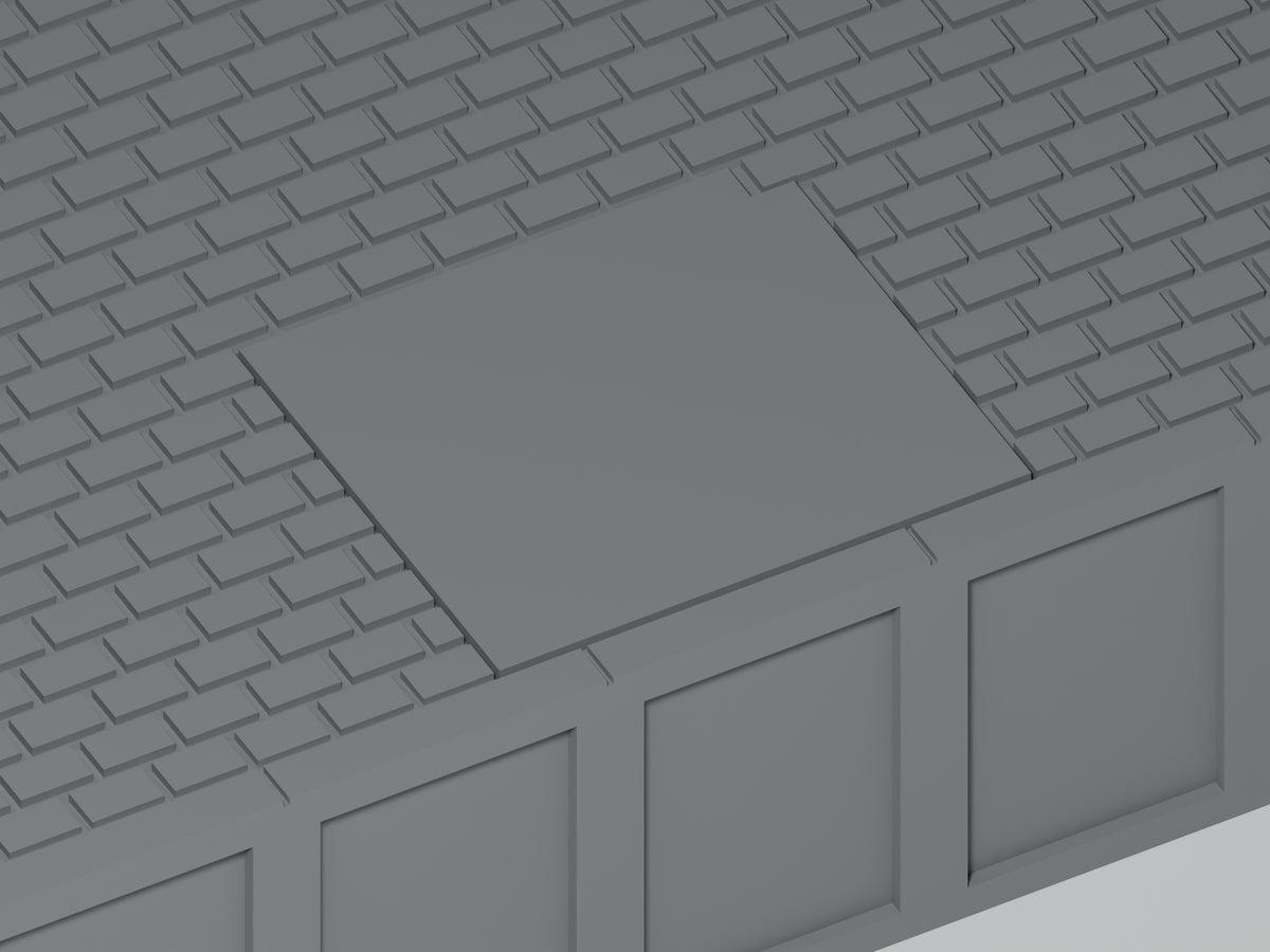 Bahnsteig H0 · Epoche III/IV · Gerades Modul mit Betonflicken · 200 × 65 mm · Nahaufnahme der Betonreparatur und Bahnsteigkante · graues PLA, unbemalt