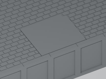 Bahnsteig H0 · Epoche III/IV · Gerades Modul mit Betonflicken · 200 × 65 mm · Nahaufnahme der Betonreparatur und Bahnsteigkante · graues PLA, unbemalt