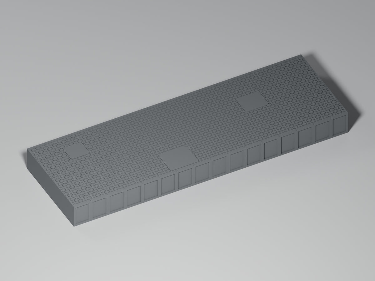 Bahnsteig H0 · Epoche III/IV · Gerades Modul mit Betonflicken · 200 × 65 mm · Gesamtansicht · graues PLA, unbemalt