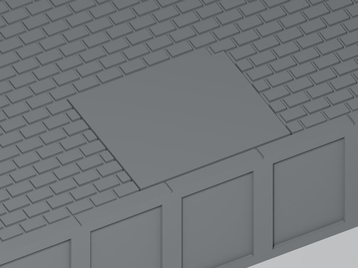 Bahnsteig H0 · Epoche III/IV · Gerades Modul mit Betonflicken · 200 × 75 mm · Nahaufnahme der Betonreparatur und Bahnsteigkante · graues PLA, unbemalt