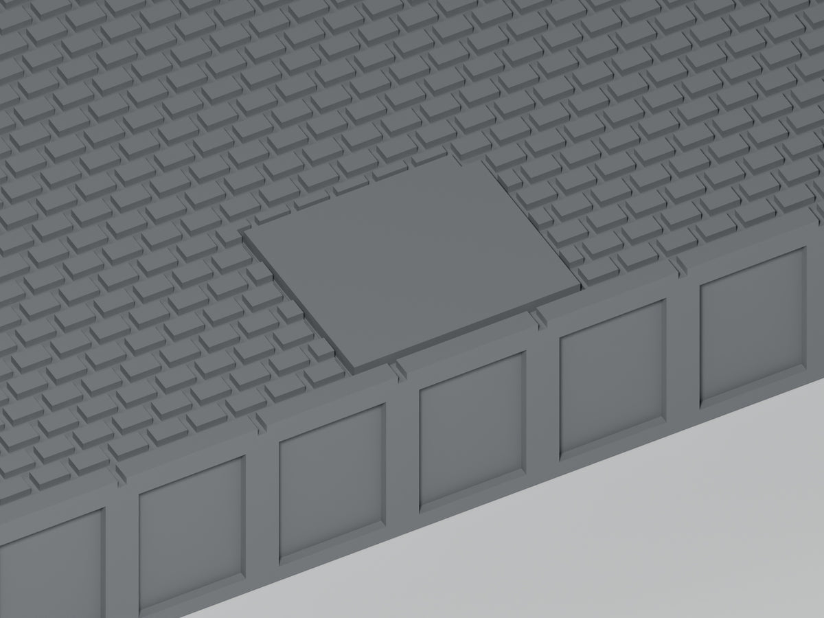 Bahnsteig N · Epoche III/IV · Gerades Modul mit Betonflicken · 108,75 × 35 mm · Nahaufnahme der Betonreparatur und Bahnsteigkante · graues PLA, unbemalt