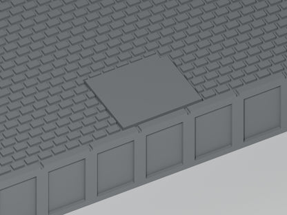 Bahnsteig N · Epoche III/IV · Gerades Modul mit Betonflicken · 108,75 × 35 mm · Nahaufnahme der Betonreparatur und Bahnsteigkante · graues PLA, unbemalt