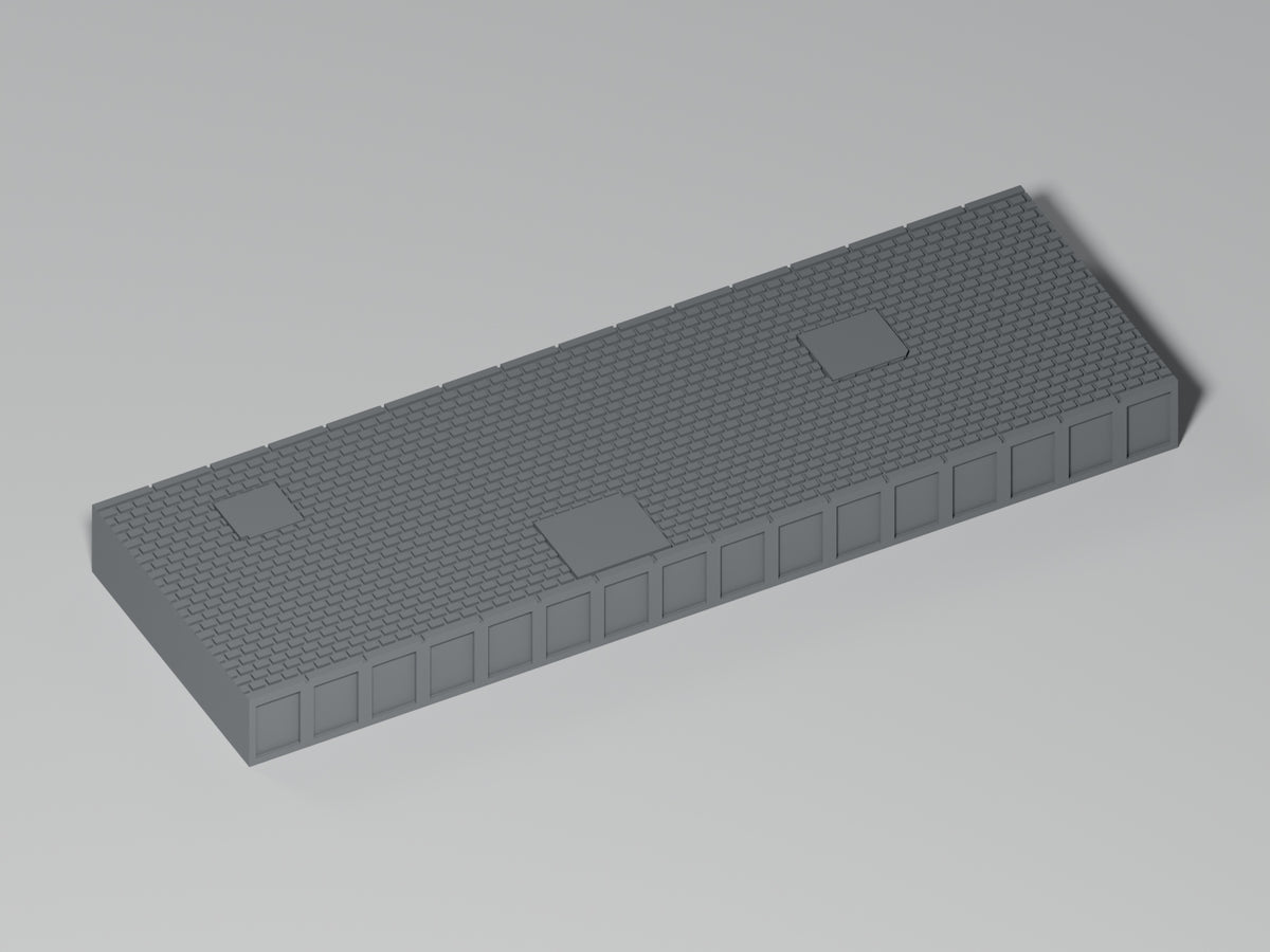 Bahnsteig N · Epoche III/IV · Gerades Modul mit Betonflicken · 108,75 × 35 mm · Gesamtansicht · graues PLA, unbemalt