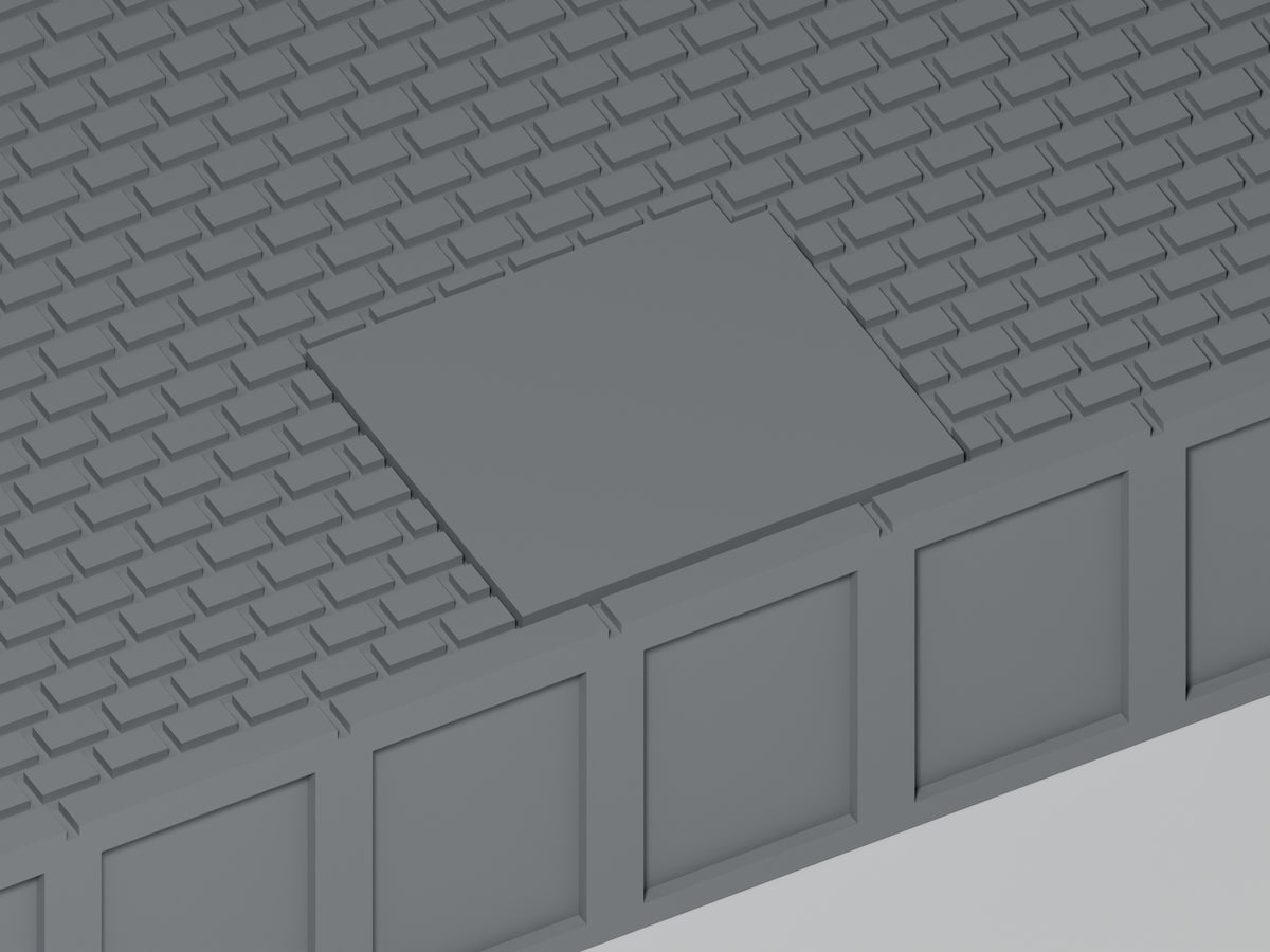 Bahnsteig TT · Epoche III/IV · Gerades Modul mit Betonflicken · 145 × 54 mm · Nahaufnahme der Betonreparatur und Bahnsteigkante · graues PLA, unbemalt