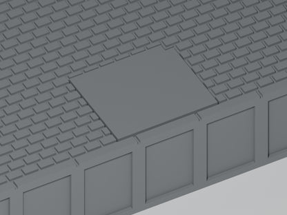 Bahnsteig TT · Epoche III/IV · Gerades Modul mit Betonflicken · 145 × 54 mm · Nahaufnahme der Betonreparatur und Bahnsteigkante · graues PLA, unbemalt