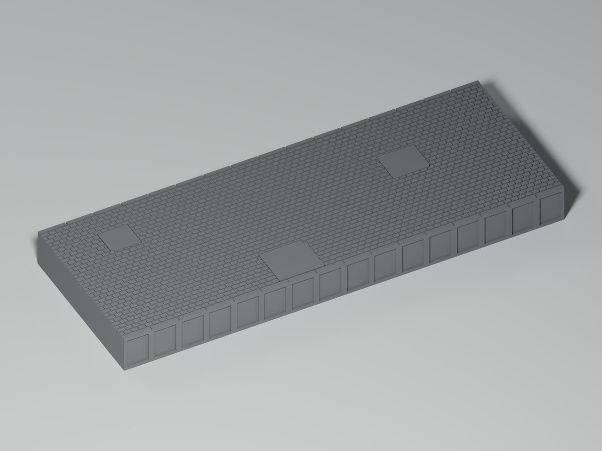 Bahnsteig TT · Epoche III/IV · Gerades Modul mit Betonflicken · 145 × 54 mm · Gesamtansicht · graues PLA, unbemalt