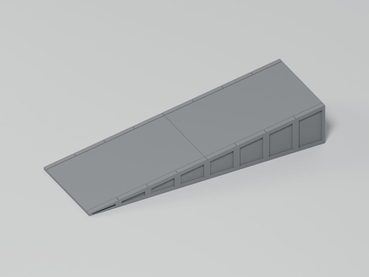 Bahnsteig H0 · Epoche III/IV · Kurze Endrampe · 100 × 35 mm · beton · einfarbig graues PLA, unbemalt · Blender-Produktvisualisierung