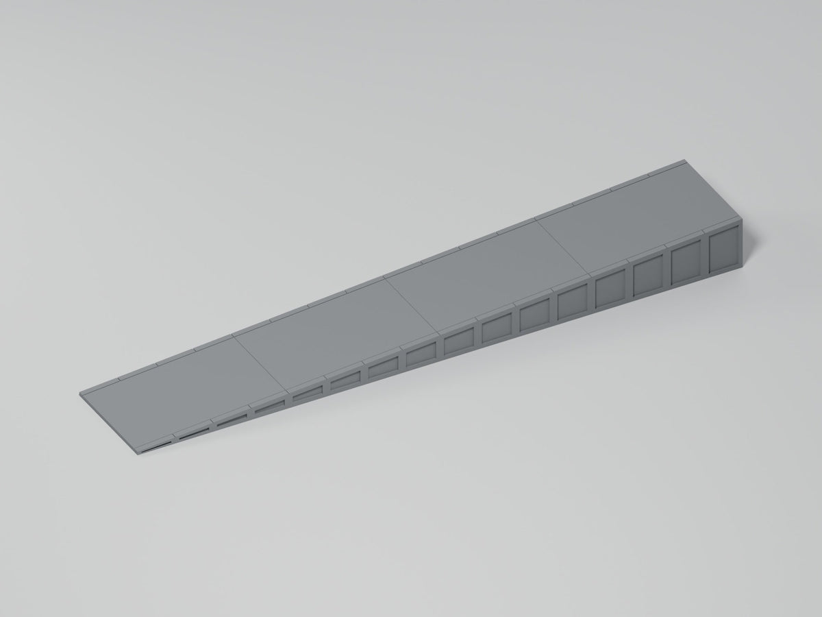Bahnsteig H0 · Epoche III/IV · Endrampe · 200 × 35 mm · beton · einfarbig graues PLA, unbemalt · Blender-Produktvisualisierung