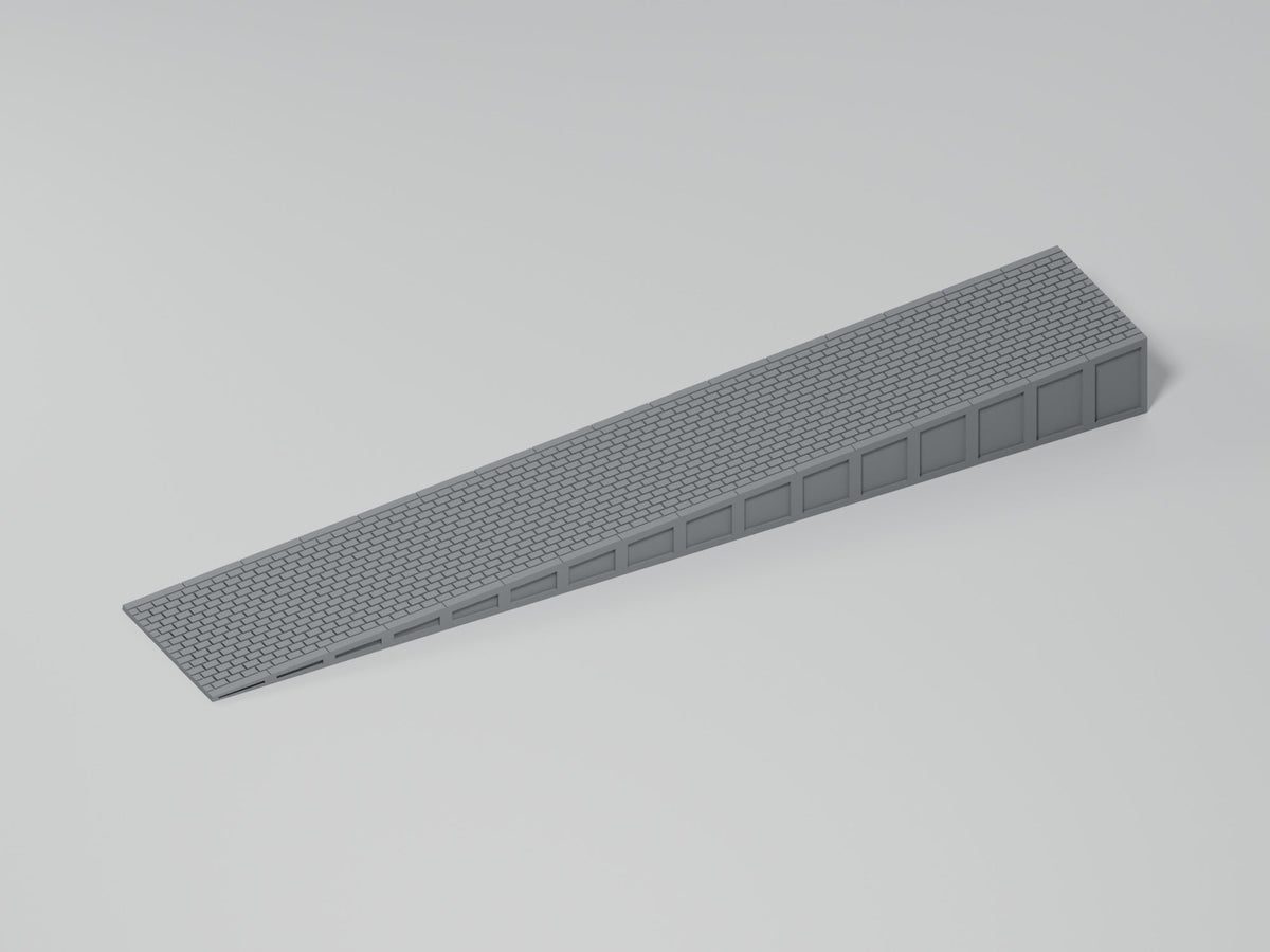 Bahnsteig H0 · Epoche III/IV · Endrampe · 200 × 35 mm · pflaster · einfarbig graues PLA, unbemalt · Blender-Produktvisualisierung