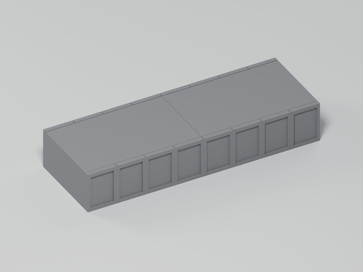 Bahnsteig H0 · Epoche III/IV · Gerades Zwischenstück · 100 × 35 mm · beton · einfarbig graues PLA, unbemalt · Blender-Produktvisualisierung