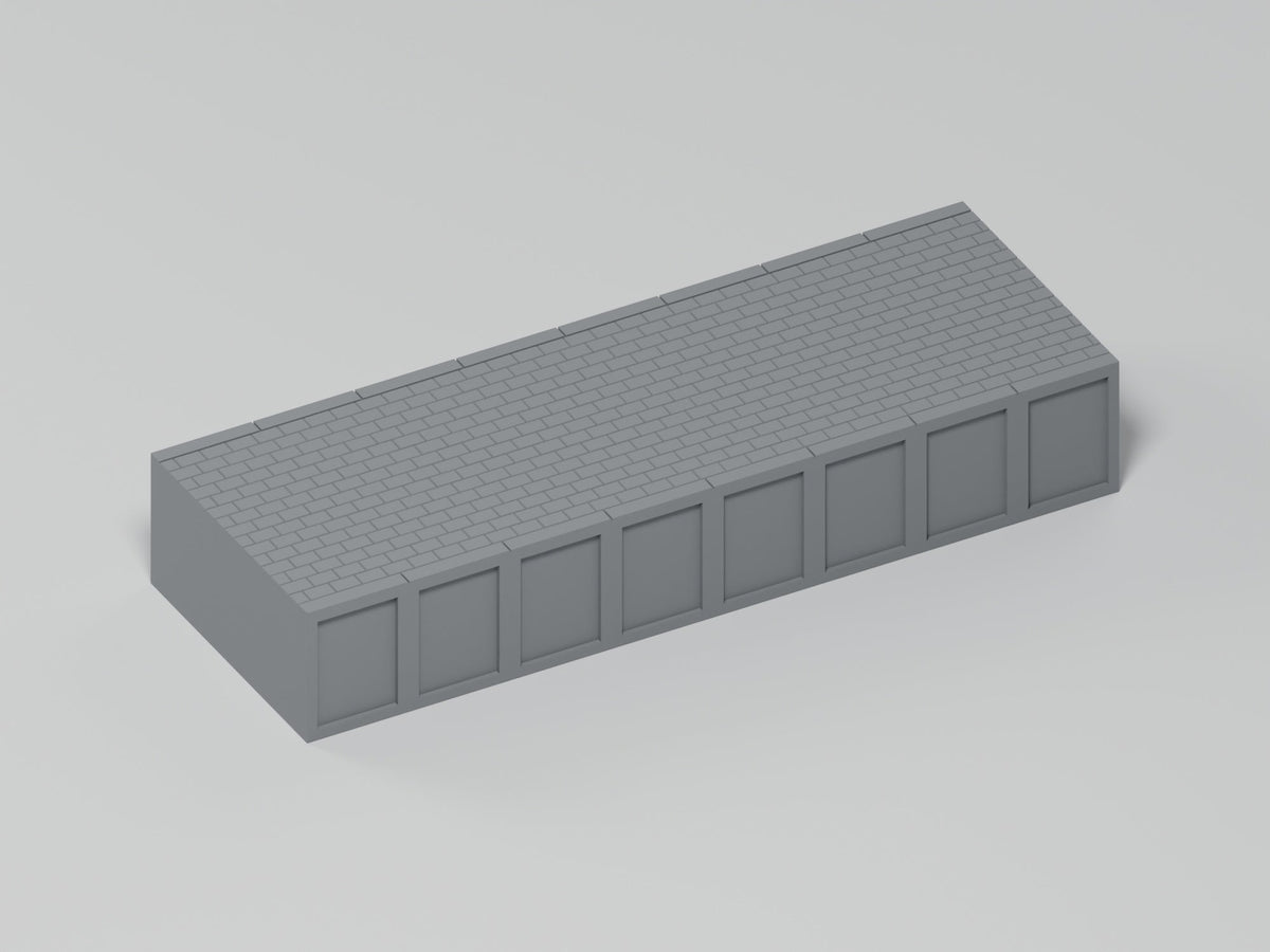 Bahnsteig H0 · Epoche III/IV · Gerades Zwischenstück · 100 × 35 mm · pflaster · einfarbig graues PLA, unbemalt · Blender-Produktvisualisierung