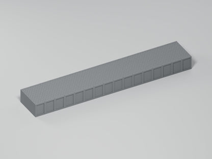 Bahnsteig H0 · Epoche III/IV · Gerades Modul · 200 × 35 mm · pflaster · einfarbig graues PLA, unbemalt · Blender-Produktvisualisierung