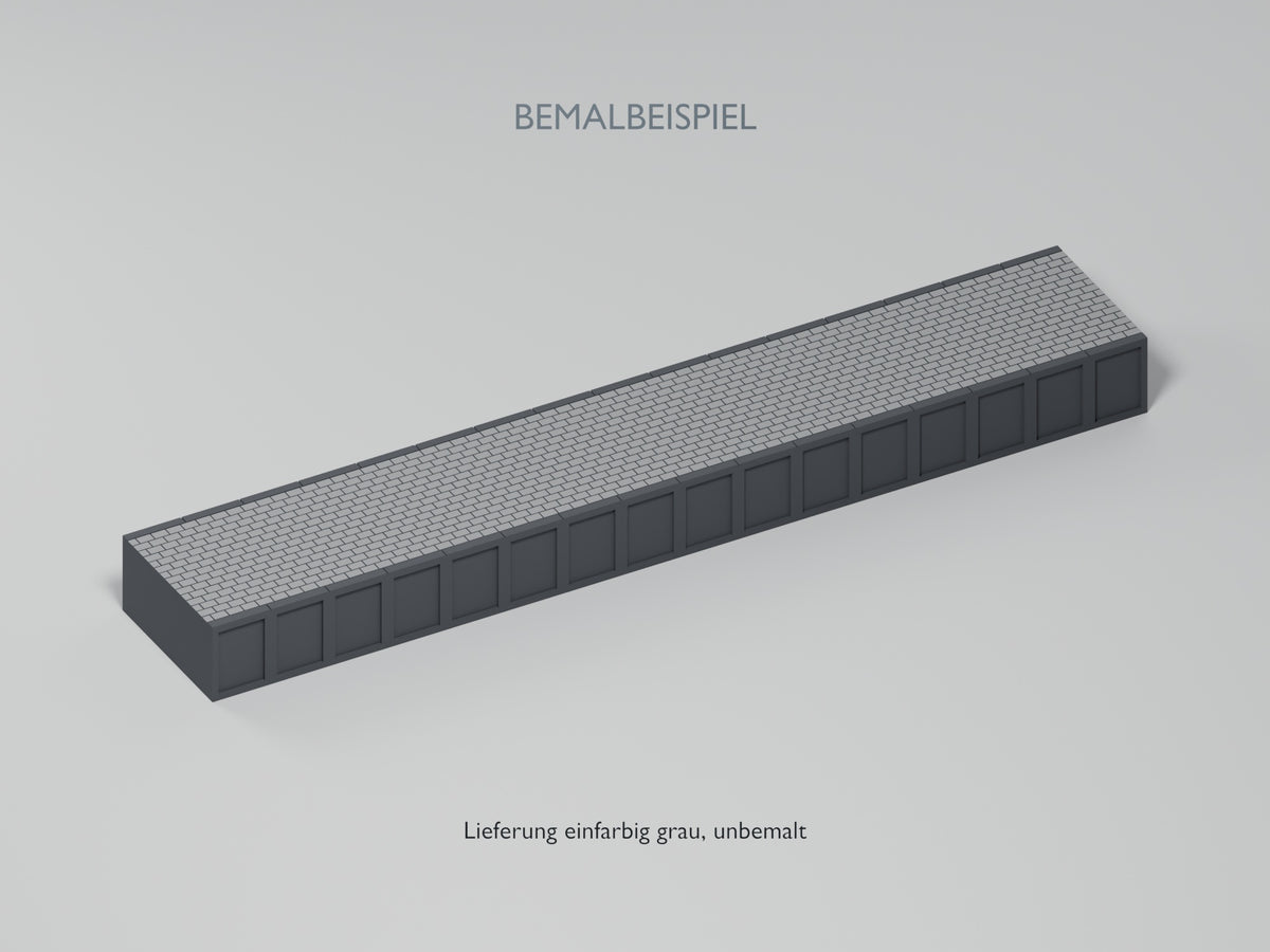 BEMALBEISPIEL: dunkle Bahnsteigkante und heller pflaster-Belag. Lieferung einfarbig grau, unbemalt. Blender-Visualisierung.