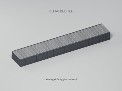 BEMALBEISPIEL: dunkle Bahnsteigkante und heller pflaster-Belag. Lieferung einfarbig grau, unbemalt. Blender-Visualisierung.