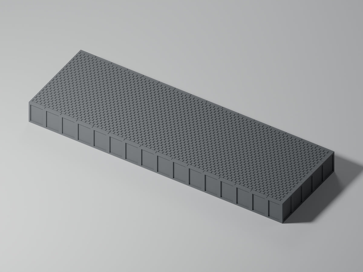 Bahnsteig H0 · Epoche III/IV · Endstück mit Stirnkante · 200 × 65 mm · Pflaster · einfarbig graues PLA, unbemalt. Visualisierung des tatsächlichen Modells.
