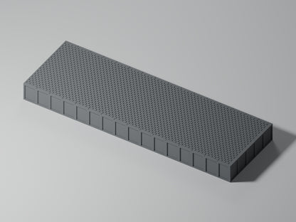 Bahnsteig H0 · Epoche III/IV · Endstück mit Stirnkante · 200 × 65 mm · Pflaster · einfarbig graues PLA, unbemalt. Visualisierung des tatsächlichen Modells.