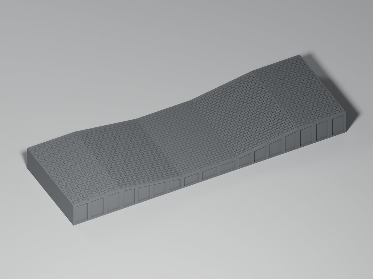 Bahnsteig H0 · Epoche III/IV · Ausgleichsstück 17–10–17 mm · 200 × 65 mm · Pflaster · einfarbig graues PLA, unbemalt. Visualisierung des tatsächlichen Modells.