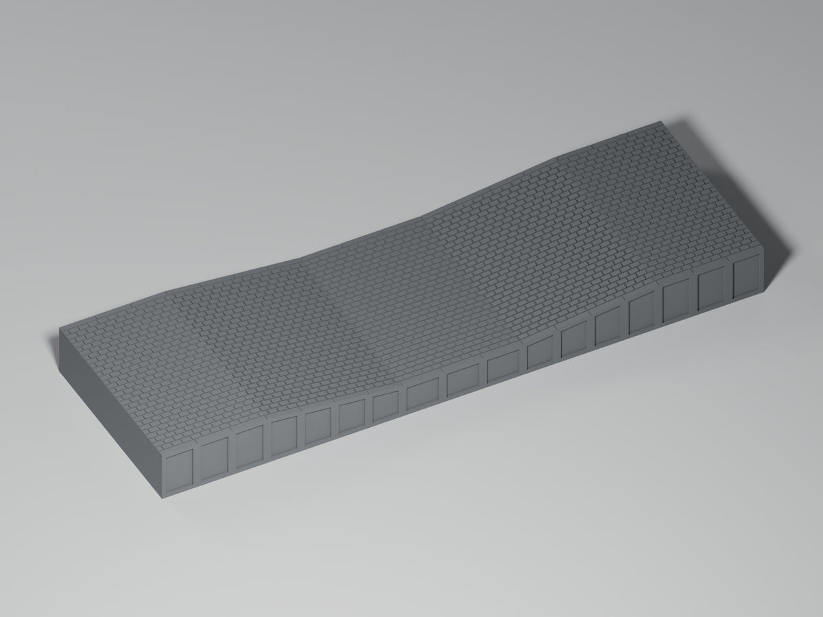Bahnsteig H0 · Epoche III/IV · Ausgleichsstück 17–12–17 mm · 200 × 65 mm · Pflaster · einfarbig graues PLA, unbemalt. Visualisierung des tatsächlichen Modells.