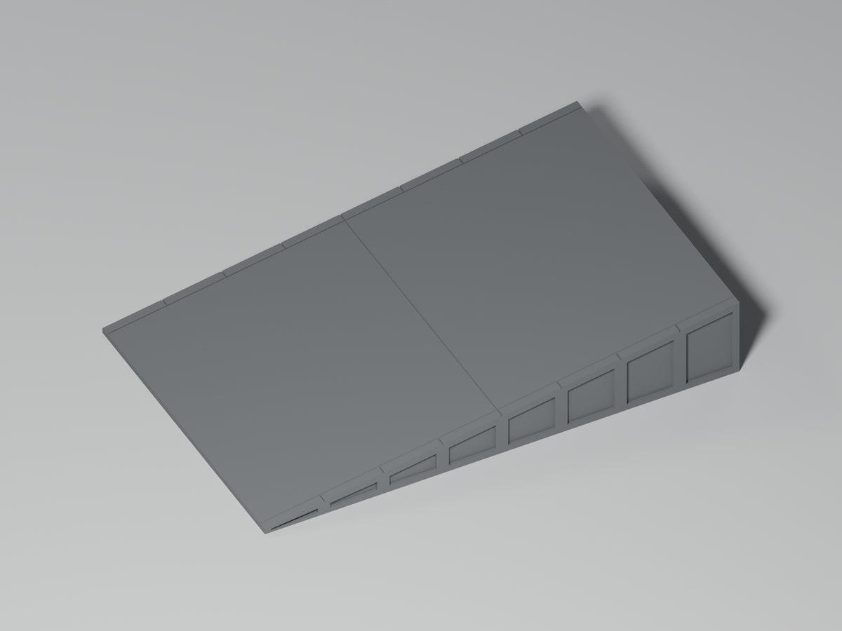 Bahnsteig H0 · Epoche III/IV · Kurze Endrampe · 100 × 65 mm · Beton · einfarbig graues PLA, unbemalt. Visualisierung des tatsächlichen Modells.