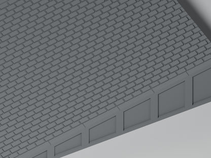 Detailansicht: Bahnsteig H0 · Epoche III/IV · Kurze Endrampe · 100 × 65 mm · Pflasterfugen und Bahnsteigkante. Einfarbig grau, unbemalt. Visualisierung.
