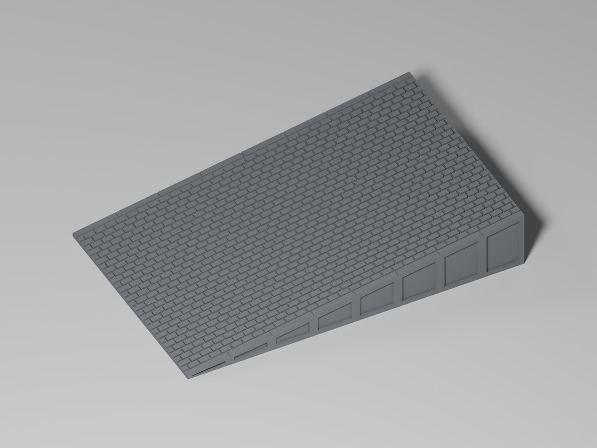 Bahnsteig H0 · Epoche III/IV · Kurze Endrampe · 100 × 65 mm · Pflaster · einfarbig graues PLA, unbemalt. Visualisierung des tatsächlichen Modells.