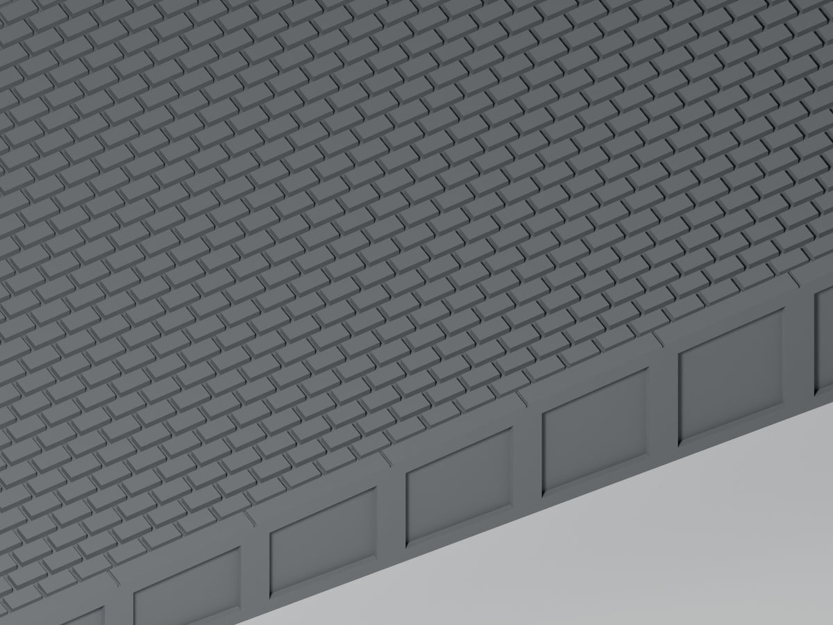 Detailansicht: Bahnsteig H0 · Epoche III/IV · Endrampe · 200 × 65 mm · Pflasterfugen und Bahnsteigkante. Einfarbig grau, unbemalt. Visualisierung.