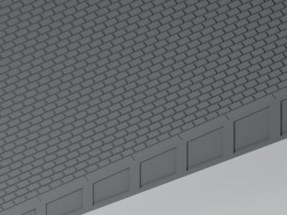 Detailansicht: Bahnsteig H0 · Epoche III/IV · Endrampe · 200 × 65 mm · Pflasterfugen und Bahnsteigkante. Einfarbig grau, unbemalt. Visualisierung.