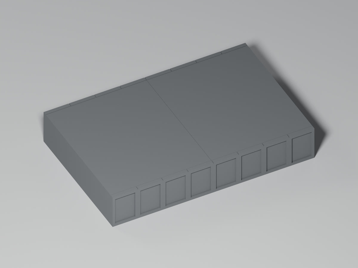 Bahnsteig H0 · Epoche III/IV · Gerades Zwischenstück · 100 × 65 mm · Beton · einfarbig graues PLA, unbemalt. Visualisierung des tatsächlichen Modells.