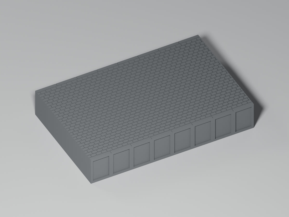 Bahnsteig H0 · Epoche III/IV · Gerades Zwischenstück · 100 × 65 mm · Pflaster · einfarbig graues PLA, unbemalt. Visualisierung des tatsächlichen Modells.