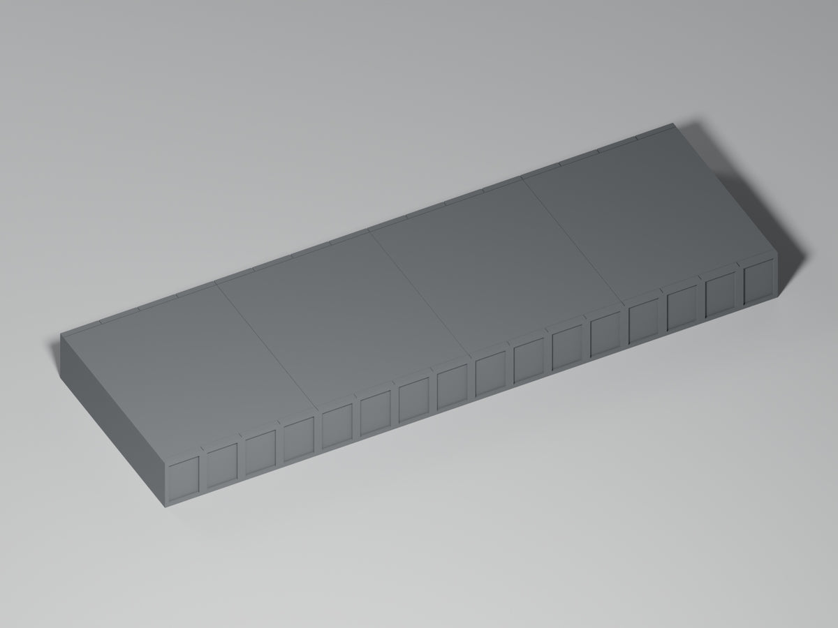 Bahnsteig H0 · Epoche III/IV · Gerades Modul · 200 × 65 mm · Beton · einfarbig graues PLA, unbemalt. Visualisierung des tatsächlichen Modells.