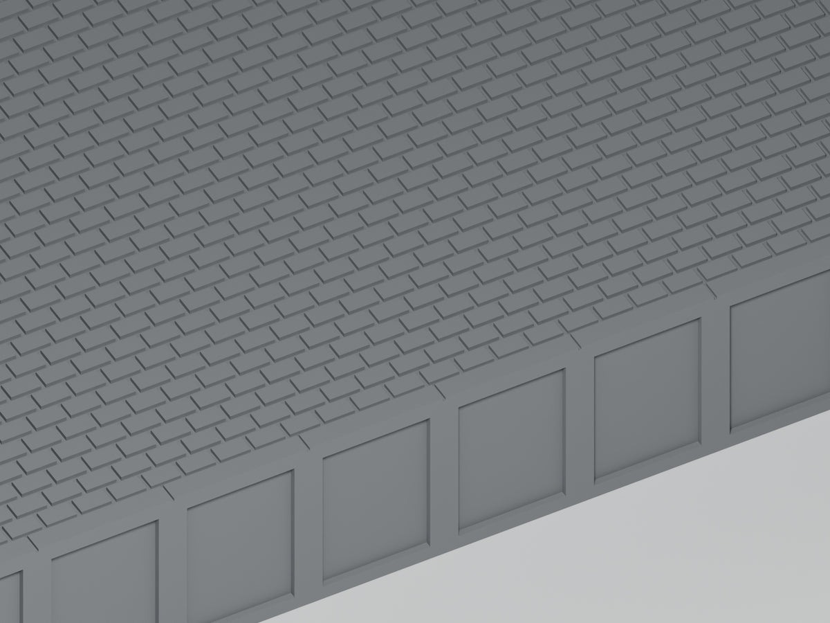 Detailansicht: Bahnsteig H0 · Epoche III/IV · Gerades Modul · 200 × 65 mm · Pflasterfugen und Bahnsteigkante. Einfarbig grau, unbemalt. Visualisierung.