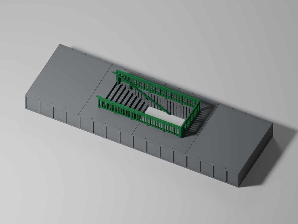 Bahnsteig H0 · Epoche III/IV · Treppenmodul mit Geländer · 200 × 65 mm · Beton · grauer Bahnsteig mit grünem Geländer und grünen Handläufen, PLA, unbemalt. Visualisierung.