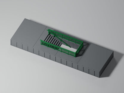 Bahnsteig H0 · Epoche III/IV · Treppenmodul mit Geländer · 200 × 65 mm · Beton · grauer Bahnsteig mit grünem Geländer und grünen Handläufen, PLA, unbemalt. Visualisierung.